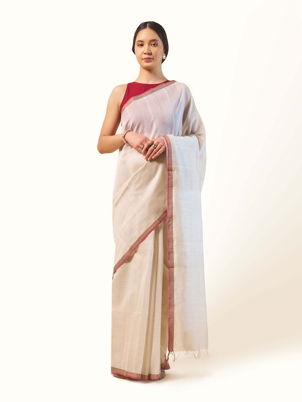 Cream Cotton Silk Maheshwari Saree