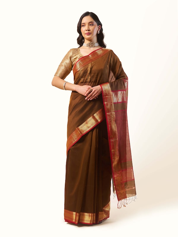 Brown Gossamer & Cotton Silk Maheshwari Saree