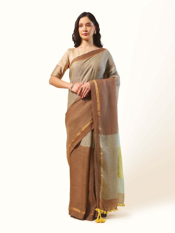 Beige Linen Cotton Saree