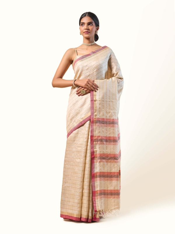 Beige, Gold & Pink Tussar Silk Zari Saree