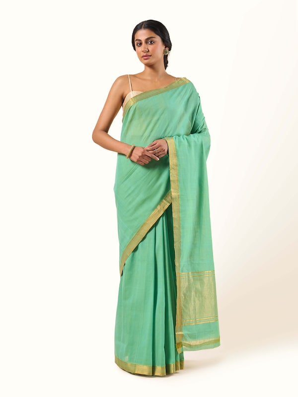 Green Cotton Mangalgiri Zari Border Saree