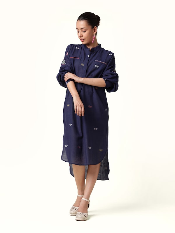 Blue Cotton Bengal Jamdani Long Shirt