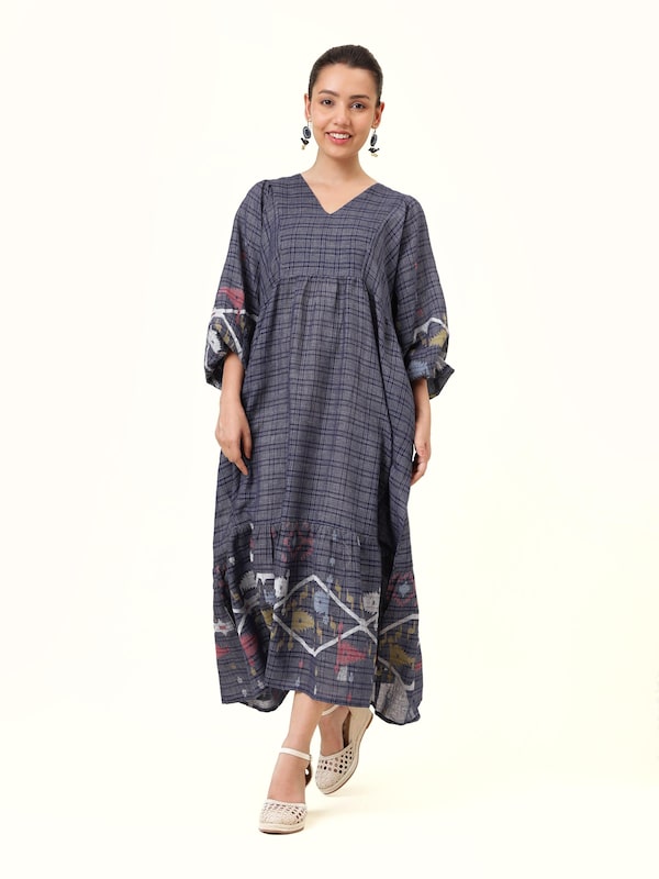 Blue Cotton Jamdani Billowy Sleeves Dress