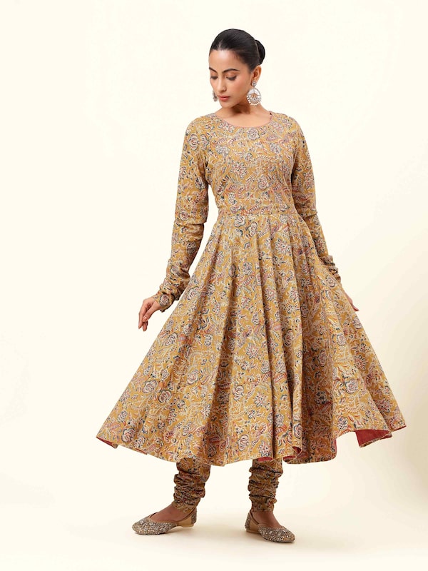 Yellow Cotton Kalamkari Block Printed Kurta