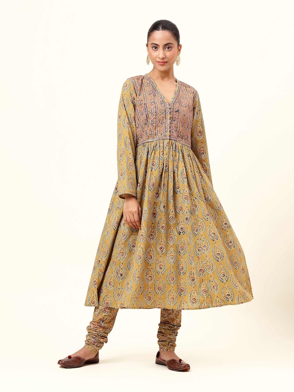 Yellow Cotton Kalamkari Block Printed Kurta