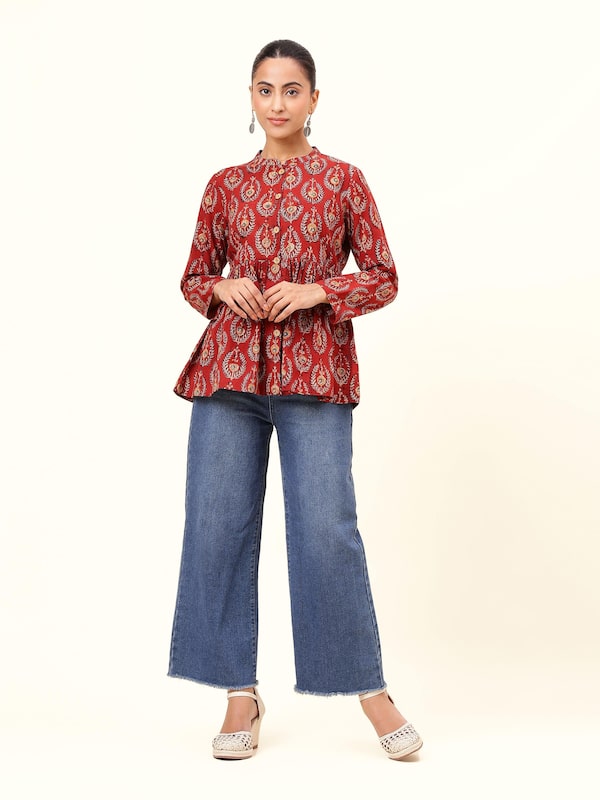 Red Cotton Kalamkari Block Printed Peplum Top