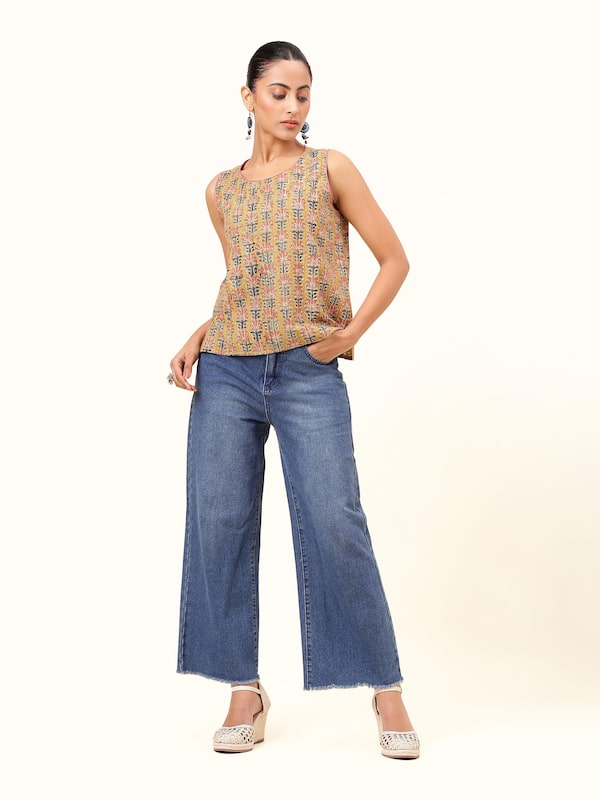 Yellow Cotton Kalamkari Block Printed Top