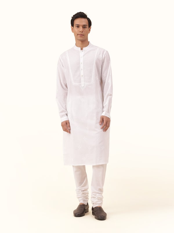 White Embroidery Cotton Chikankari Long Kurta