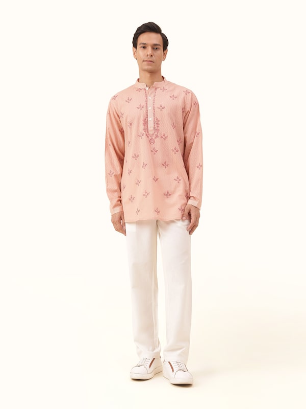 Pink Cotton Chikankari Short Kurta