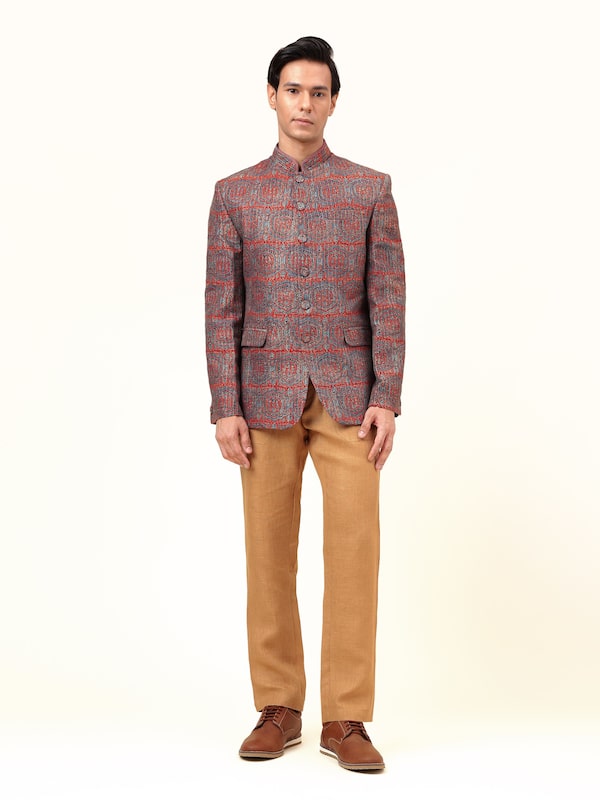 Indigo Silk Ajrakh Block Printed Bandhgala Jacket