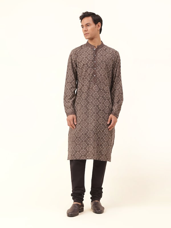Grey Cotton Dabu Block Printed Long Kurta