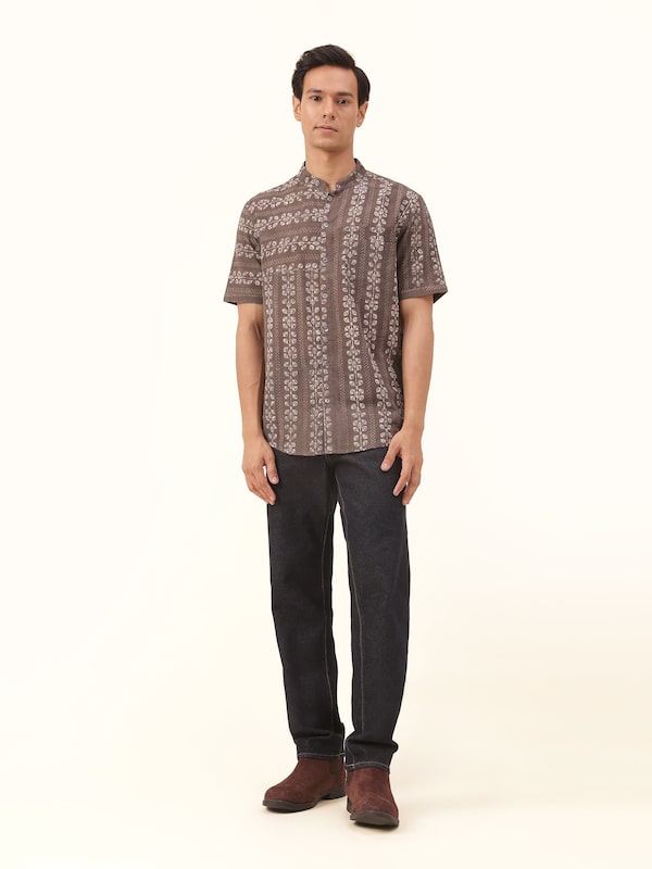 Grey Cotton Dabu Block Printed Shirt