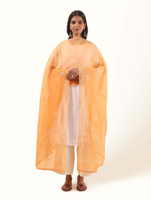 Mango Cotton Silk Chikankari Dupatta