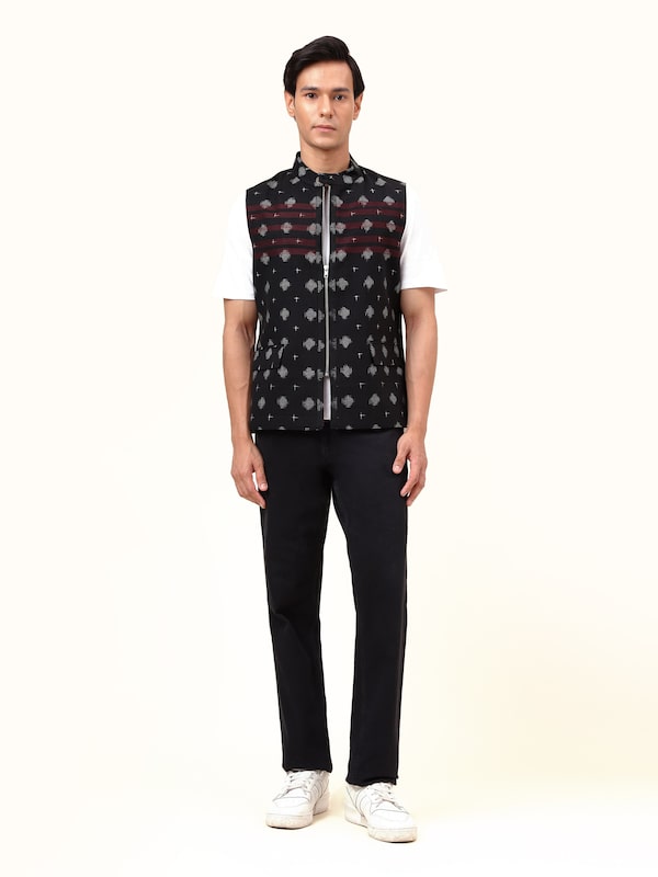 Black Cotton Telangana Ikat Sleeveless Jacket
