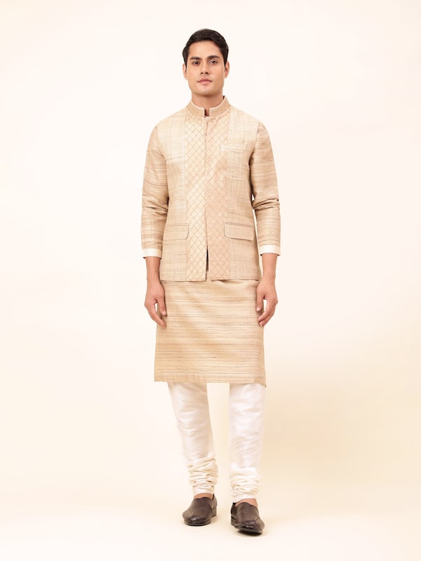 Beige Tussar Silk Sleeveless Jacket