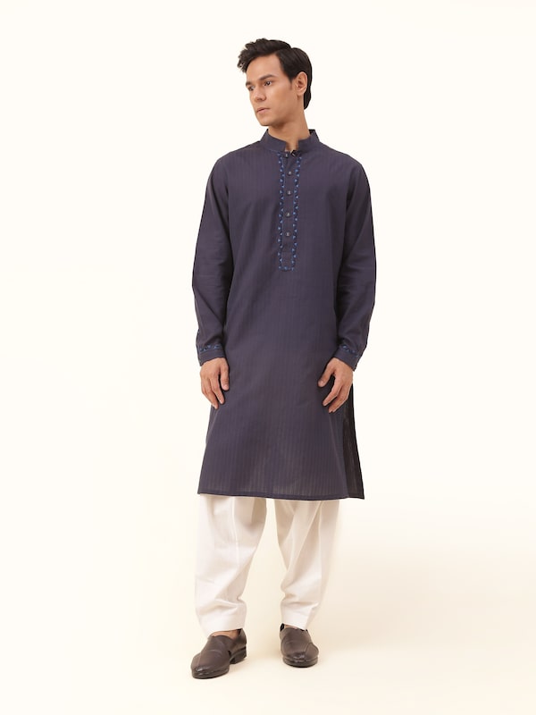 Navy Blue Cotton Desert Embroidered Long Kurta