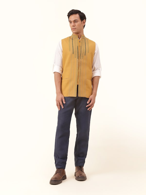 Mustard Cotton Desert Embroidered Sleeveless Jacket