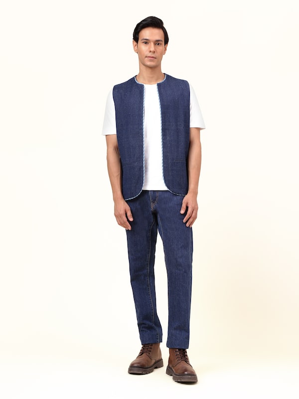 Navy Blue Cotton Textured Front Open Sleeveless Jacket