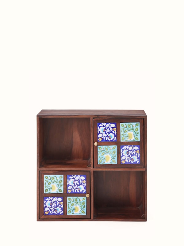 Sheesham Wood Blue Pottery Wall Shelf (2 Doors)