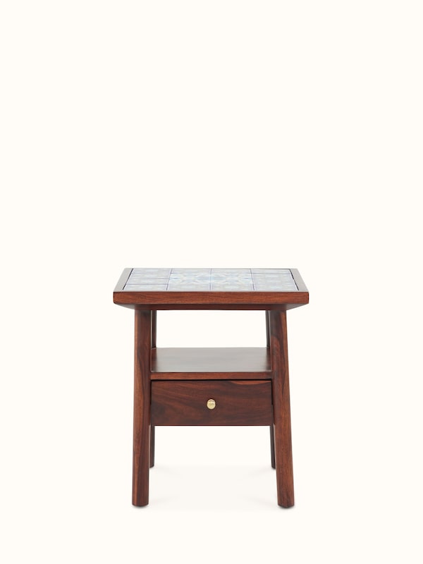 Sheesham Wood Blue Pottery Side Table