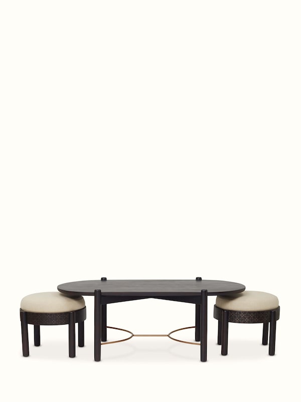 Sheesham Wood & Brass Tarkashi Coffee Table Set (3Pcs)
