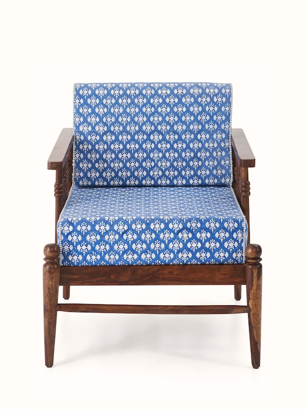 Upholstered Sheesham Wood Sanganeri Block Print Lounge Chair