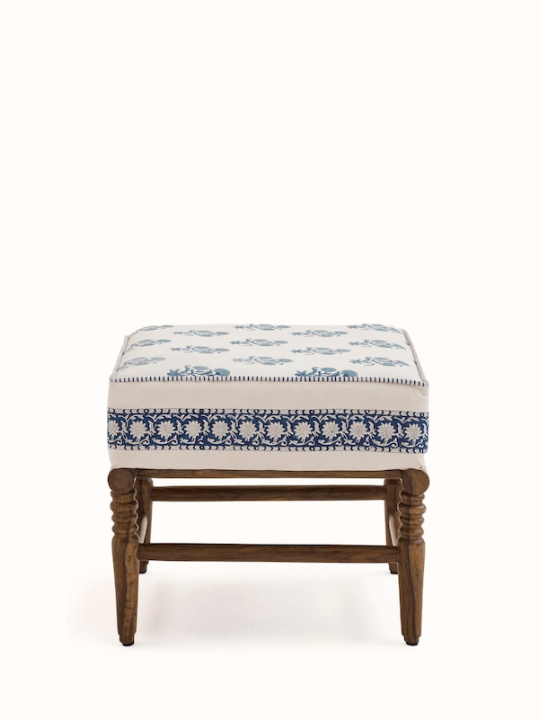 Upholstered Sheesham Wood Sanganeri Block Print Ottoman