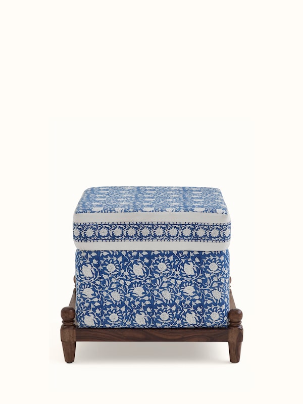 Upholstered Sheesham Wood Sanganeri Block Print Pouffe