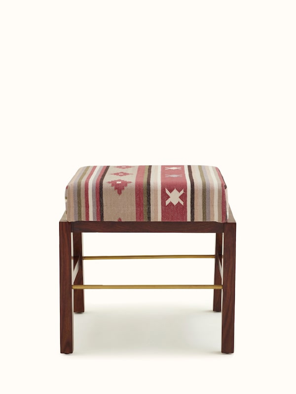 Panja Dhurrie Upholstered Sheesham Wood Ottoman with Metal Connector