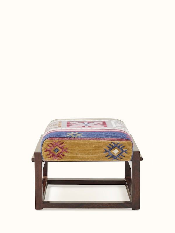 Panja Dhurrie Upholstered Sheesham Wood Ottoman