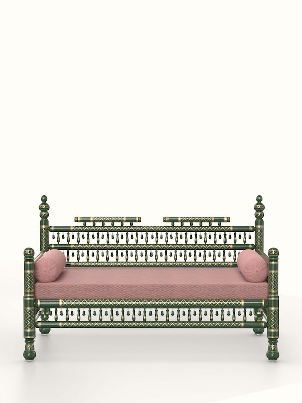 Green Upholstered Teak Wood Sankheda 2-seater Sofa
