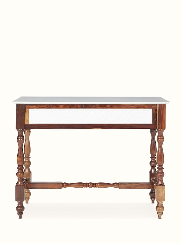 Walnut Finish Carved Marble & Sheesham Wood Console Table