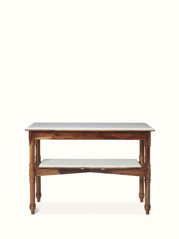 Walnut Finish Carved Marble & Sheesham Wood Console Table with Shelf