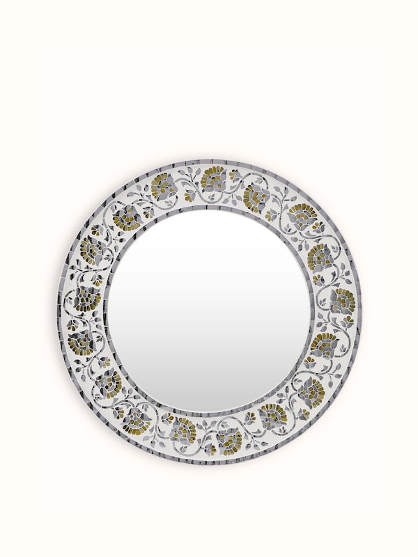 Glass Floral Design Inlay Round Wall Mirror