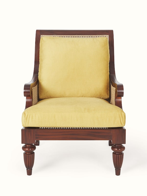 Upholstered Mahogany Wood & Cane Armchair