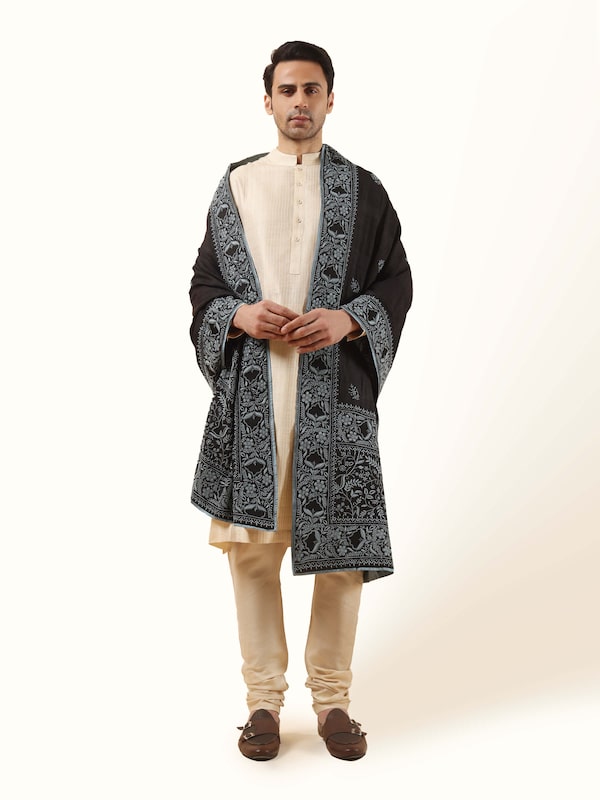 Black Tussar Silk Chikankari Embroidered Shawl