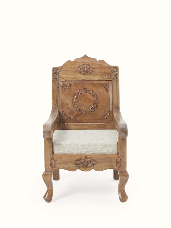 Handloom Fabric Upholstered Carved Walnut Wood Armchair