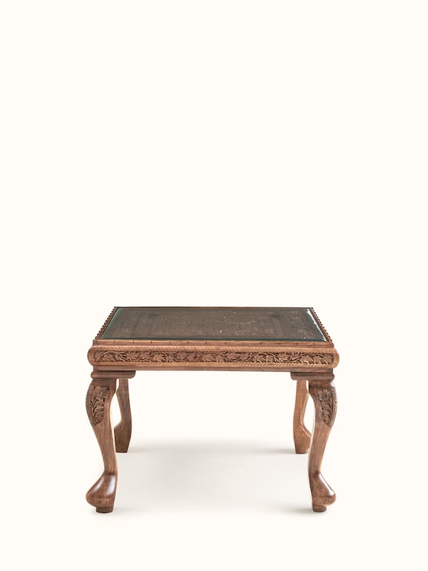 Carved Walnut Wood Square Coffee Table with Glass Top