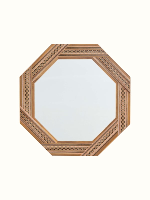 Teak Wood Marquetry Octagonal Wall Mirror
