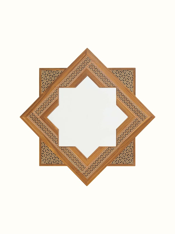 Teak Wood Marquetry Star Shaped Wall Mirror
