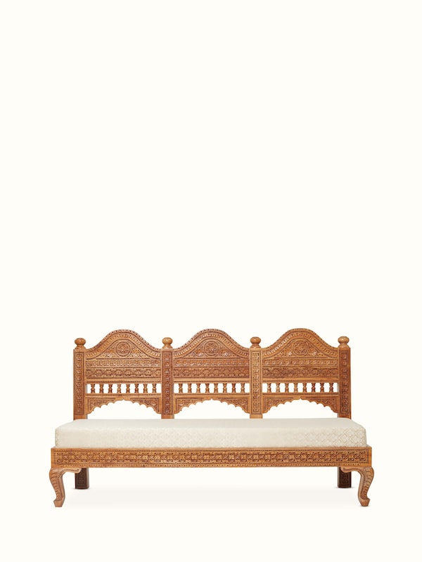 Upholstered Carved Sheesham Wood 3-seater Sofa
