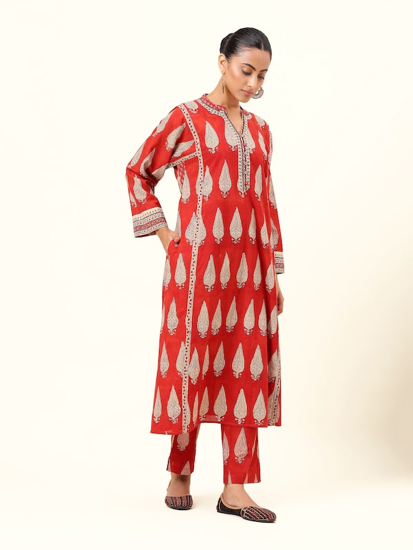 Red Cotton Bagru Block Printed Kurta with Mandarin Collar