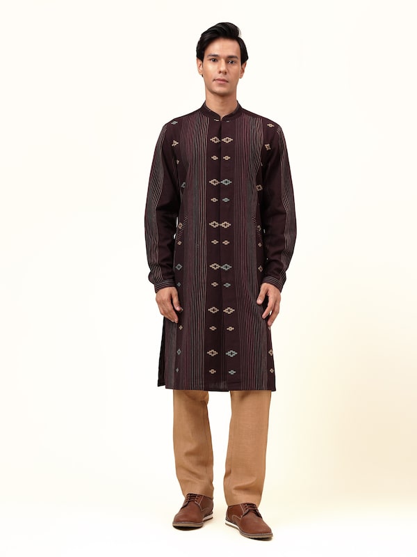 Brown Cotton Extra-weft Long Kurta