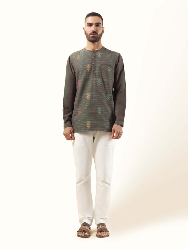 Brown Cotton Extra-weft Short Kurta