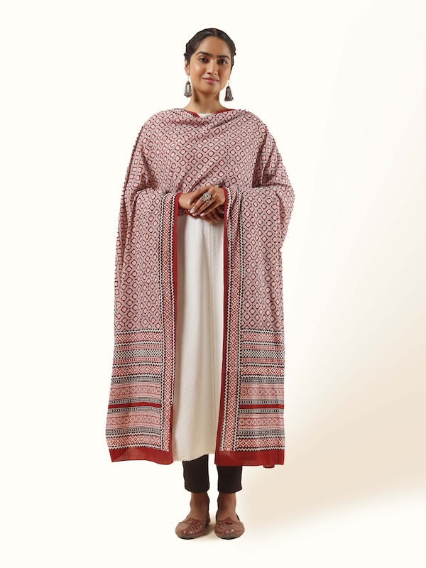 Red Cotton Bagh Block Printed Dupatta