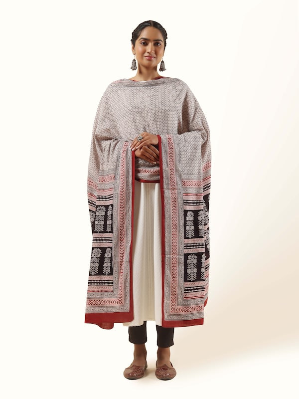 Off-white Cotton Bagh Block Printed Dupatta