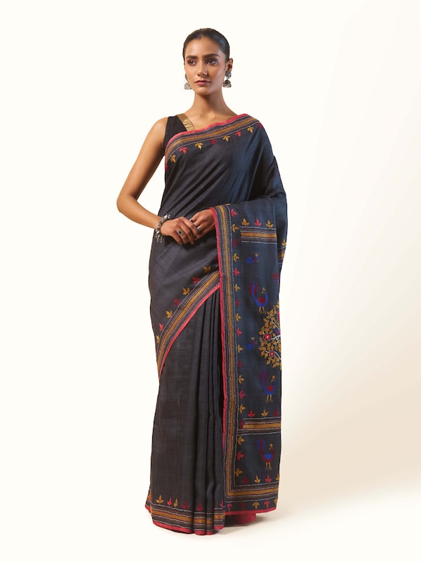 Black Tussar Silk Kantha Embroidered Saree