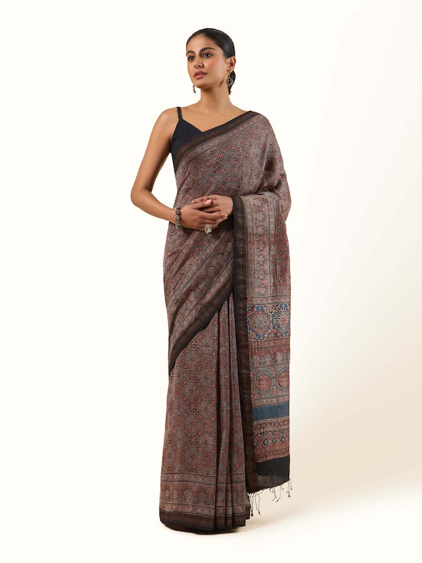 Indigo Cotton Silk Ajrakh Block Printed Saree