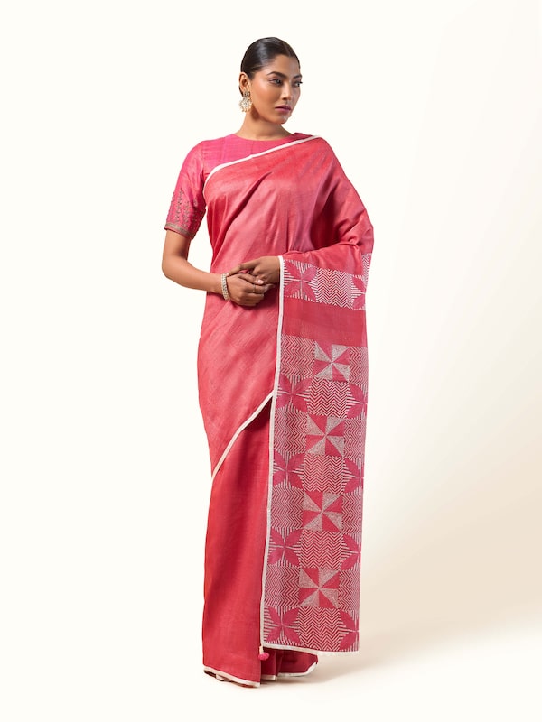 Pink Tussar Silk Sujani Embroidered Saree