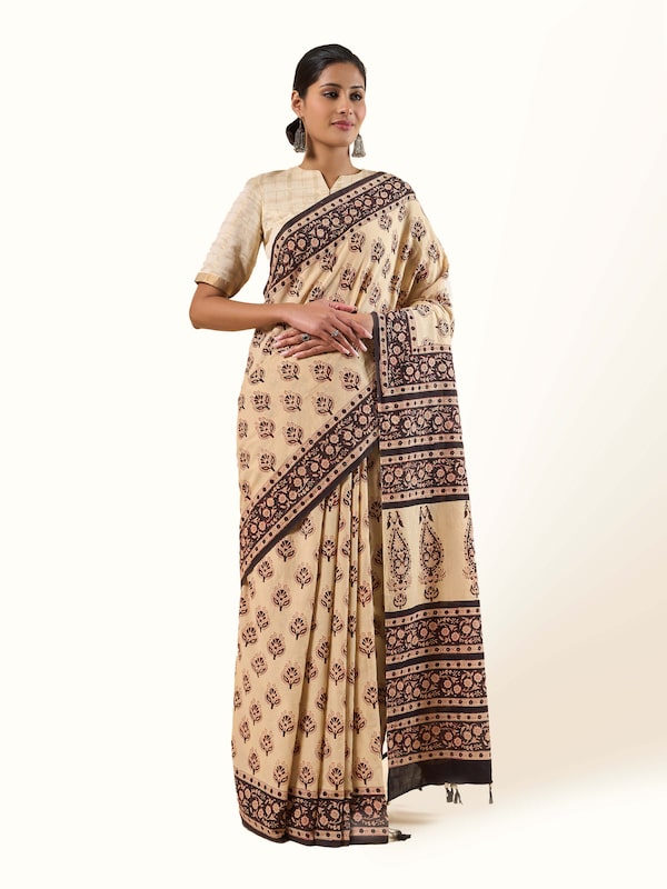 Beige Cotton Natural Dyed Bagru Block Printed Saree